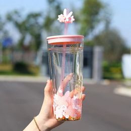 Luxury cherry blossom cup, pink bird song and floral fragrance, double-layer glass straw cup, large capacity water cup, heat-resistant gift cup