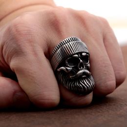 Vintage Gothic Big Beard Skull 14K Gold Ring Men Big Size Punk Skull Biker Ring Male Motorcycle Band Jewelry