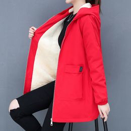 M-3XL Women Windbreaker Winter Autumn Women's Fleece Jacket Coats Loose Hooded Mid Long Overcoat Zipper Pocket Female Basic Coat