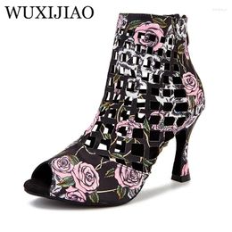 Dance Shoes Shoe For Woman Cutout Satin Rose Ankle Boots Prom Latin Heel 7.5cm