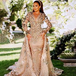 Exquisite Women Mermaid Wedding V-neck Long Sleeves Pearls Sequined Gowns Elegant Beading Court Train Bride Dress