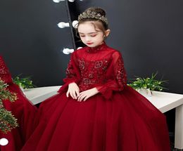 Beauty Wine Tulle Sleeves Applique Beads Flower Girl Dresses Girls039 Pageant Dresses HolidaysBirthday DressSkirt Custom Size2650996