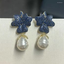 Dangle Earrings Bilincolor Royal Blue Leaf White Pearl Earring For Women