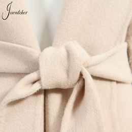 Jxwatcher Women Winter High Quality Cashmere Long Coat Natural Fox Fur Cuffs Ladies Elegant Belt Slim Wool Blend Trench Coats