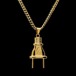14K Gold Plated Mens Hip Hop Lighting Plug Pendant Necklace with 70cm Long Cuban Link Chain Jewelry291T