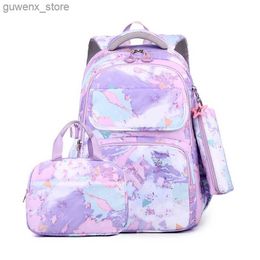 Backpacks New 3-piece childrens backpack cute student backpack waterproof school bag suitable for girls with lunch bag and pencil case Y240411