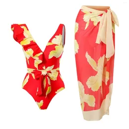 Women's Swimwear Cikini-One-Piece Chiffon Swimsuit For Women Ruffle Bikini Beach Skirt Set Sexy Bathing Suit 2024