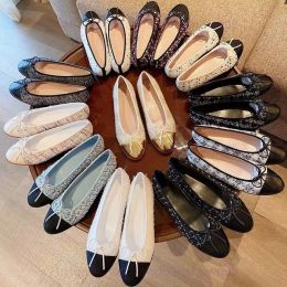 Shoes Fashion Designers Casual shoes 100% Cowhide Ballet Flats shoes Women Tweed cloth muticolor splice bow Round Toe Dress shoes Nude S