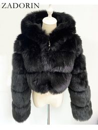 ZADORIN 2023 Winter Cropped Fur Jacket Women Fluffy Warm Pink Black Faux Fur Coat with Hood Zipper Female Outerwear Fur Jackets