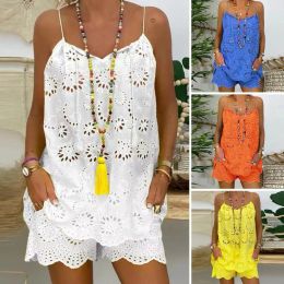 2Pcs/Set Drawstring Tassel Casual Outfit With Lining Embroidery Flower Pattern Hollow Out Lace Trim Vest Top Wide Leg Shorts Set