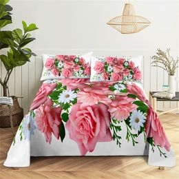 Pink Flower Queen Sheet Set Girl, Lovers Room Flowers Bedding Set Bed Sheets and Pillowcases Bedding Flat Sheet Bed Sheet Set