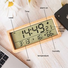 Alarm Clock LED Wooden Digital Table Clock Home Decor Large Screen Date Temperature Humidity Backlight 12/24H Snooze Table Clock