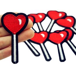 Whole 10Pcs Heart Lollipop Cheap Patches Clothing Iron on Embroidered Patches Applique Red Patch Fabric Badge DIY Apparel Acce8109256
