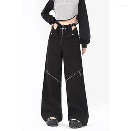 Women's Jeans Black Overalls Winter Thick Girl Suit Double Waist Street Loose Straight Casual Wide Leg Long Pants Autumn