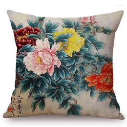 Pillow Oriental Cultural Decoration Watercolour Peony Chinese Flower Calligraphy Art Car Decor Case Linen Sofa Cover