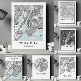 Custom Personalised Modern Black Any City Map Gift Wall Art Canvas Poster Prints Paintings Picture For Living Room Home Decor