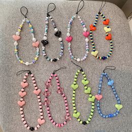 Multicolor Resin Heart Bowknot Mobile Phone Chains Charm For Women Girls Telephone Jewelry Strap Beaded Lanyard Hanging Cord New