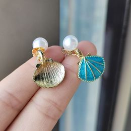 Blue Shell Cowrie Pearl Earrings Sector Shape Drop Earrings Seashell Statement Eardrop Danglers Women Summer Jewellery Gifts