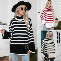 Women's Hoodies Striped Printed Contrasting Long Sweater Turtleneck For Women Sleeve Warm Side Slit Pullover 2024 Autumn Winter