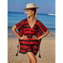 Womens Split Side Crochet-Knitted Beach-Swimwear Bikini-Cover Ups Short Sleeve Deep V-Neck Mesh-Bathing Suit Swimsuit