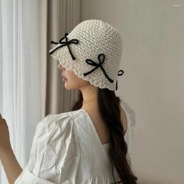 Berets Summer Women Knitted Straw Hat Bow Cute Designer Bucket Floppy Panama Hats Female Lady Outdoor Foldable Beach Sun Cap