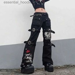 Frauen Jeans Niggeey Gothic bedruckte japanische Button -Up -Jeans mit Schultergurchen Subkulturhosen Frauen gerade Bein Frachthose C240411