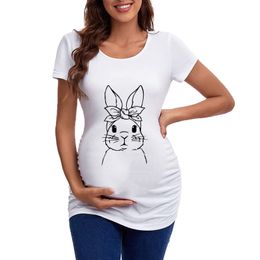 Easter Womens Maternity Short Sleeve Crew Neck Rabbit Graphic Ruched Sides T Shirt Tops Pregnancy French Maternity Leggings