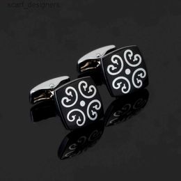 Cuff Links High Quality Black silvery Stainless Steel Square Stamping Vintage flower Cuff Links Wedding Mens Custom Enamel Cufflinks Y240411