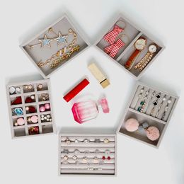 Jewellery Tray Display Organiser Stackable Grey Velvet Drawer Storage Box Portable Case Ring Earring Tray Holder Showcase Gift