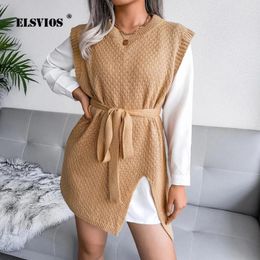 Casual Dresses Elegant Vest Knitted Sweater Vestidos Women Autumn Fashion Lace-Up Belt A-Line Dress Office Lady Solid Slit Party