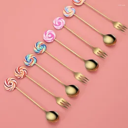 Forks Donut Lollipop Fork Spoon 304 Stainless Steel Dessert Fruit Honey Coffee Stirring Kid Cutlery Dinnerware Accessories