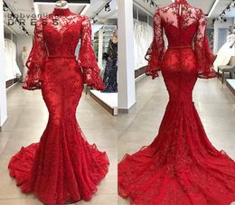 Modest Long Sleeves High Neck Lace Red Evening Prom Dresses Mermaid Beaded Sequins Appliqued Bell Sleeves Party Occasion Gowns For4458818