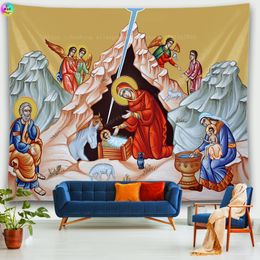 Nativity Scene Tapestry Jesus Birth Manger Barn Wall Hanging Angel Easter Christmas Wall Decor Christ Tapestries Room Decoratio