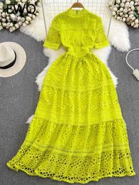 Basic Casual Dresses EWQ Sweet Style Chic Hook Flower Hollow Lace Patch Work Solid Color High Waist Womens Dress 2024 Summer New Dress 27SN2909 C240411