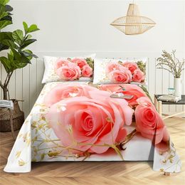 Pink Rose Flowers Queen Sheet Set Girl Lovers Room Bedding Set Bed Sheets and Pillowcases Bedding Flat Sheet Bed Sheet Set