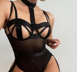 See Through Lingerie Mesh Clothing Sexy Set Ladies Halter Bodysuit Sexy Women Porno Body Suits Hollow Out Adult Erotique Lingere7820119