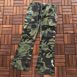 Spring Summer Men's Wash Pants Graffiti Stitching Camouflage Women's Trousers Large Pocket Loose Overalls Men's Outdoor Jogging Pants Work Pants