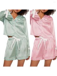 Home Clothing Women S 2 Piece Lounge Set Long Sleeve Lapel Button Up Tops Bow Shorts Sleepwear Sets