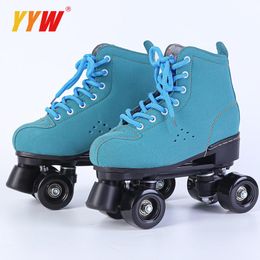 Adult Pu Leather Roller Skates Double Line Skates Two Line Skating Shoes Patines With Black Pu 4 Wheels Blue Sneakers Rollers