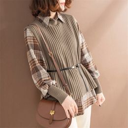 Casual Plaid Shirts+knitted Vests Two Piece Set Women Spring Autumn Streetwear Sweater Waistcoats Suits With Belts Clothes Women