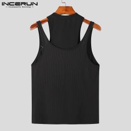Sexy Fashionable Style Tops INCERUN New Mens Pin Fake Two Piece Knitted Tank Tops Casual Streetwear Male Solid Tight Vests S-5XL