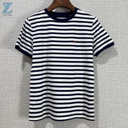 Women's T Shirts 2024 Spring/Summer Top Quality Navy Blue Stripe Knitted Embroidered T-shirt