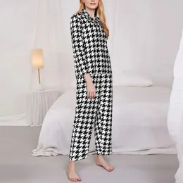 Home Clothing Cool Houndstooth Pyjama Set Chequered Print Romantic Sleepwear Womens Long Sleeve Vintage 2 Piece Suit Large Size 2XL