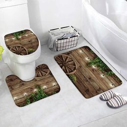 Bath Mats Rustic Wooden Board Mat Set Vintage Farm Door Wood Wheel Green Plant Carpet Home Bathroom Decor Floor Rugs Toilet Lid Cover