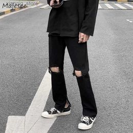 Men's Jeans Jeans Men Design Hole Ripped Jean Black Side-silt Harajuku Streetwear Ankle-length Straight Denim Trousers Hip Hop Ulzzang Teens L49