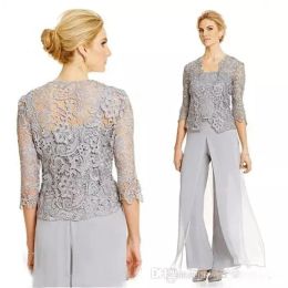 2024 Mother of the Bride Dress Pant Suits Silver Customised Spaghetti Straps Top Long Pants Sheer Lace Jacket with Sleeves 3 Pieces