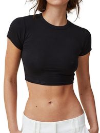 Women 2023 Summer Crop Top Basic Short Sleeve Slim Fit T-Shirt Blouse Y2K Clean Fit Style Streetwear (02Black S)