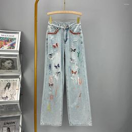 Women's Jeans Ripped Holes Floor Length Women Oversized High Waist Straight Loose Denim Pants Female Chic Diamond Painted Wide Leg