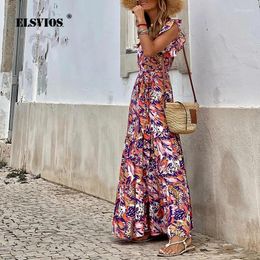 Casual Dresses Fashion Floral Printing Street Style Large Swing Long Dress Slim V-Neck Sleeveless Ruffle 2024 Summer Women