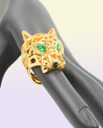 Trendy Hollow Leopard Animal Finger Ring Green Eyes Hollow Panther Heads Rings For Men Women Party Jewelry7719117